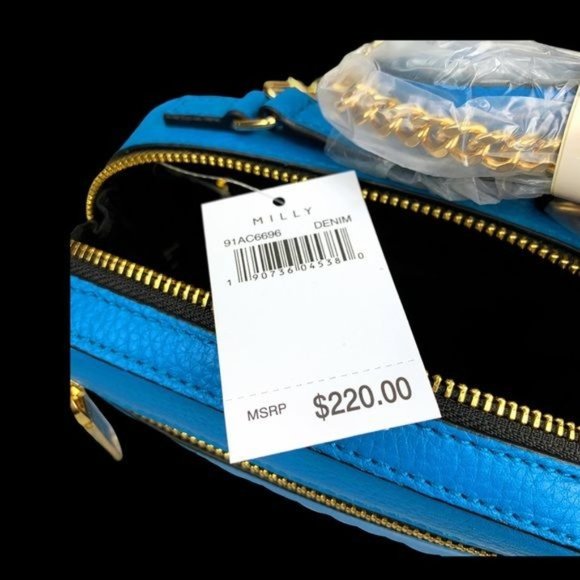 NWT Milly Bright Blue Gold Genuine Pebbled Leather Mini Satchel Purse Handbag - Picture 8 of 12